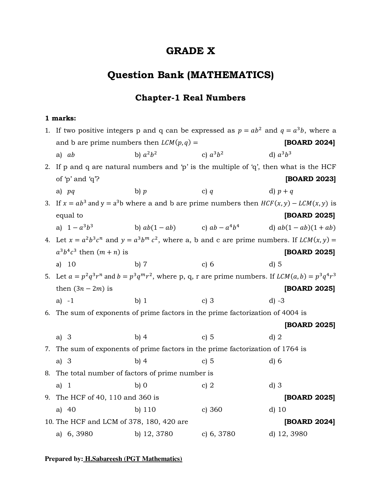 Real Numbers question paper, page 1